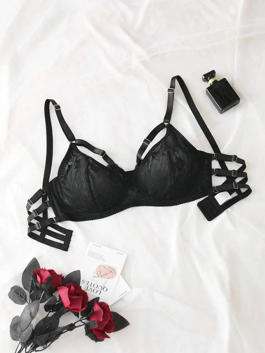 1pc Plus Size Lace Bra With Underwire And Ribbon Trim
