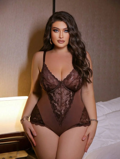 1pc Plus Size Women Lace Patchwork Underwire Sexy Bodysuit