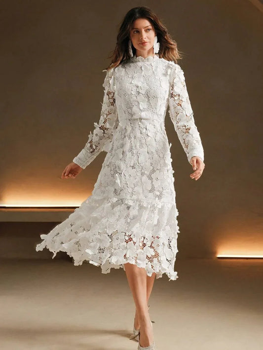 1pc White Long Sleeve Lace ALine Formal Dress Suitable For Cocktail Party Birthday Party And Other
