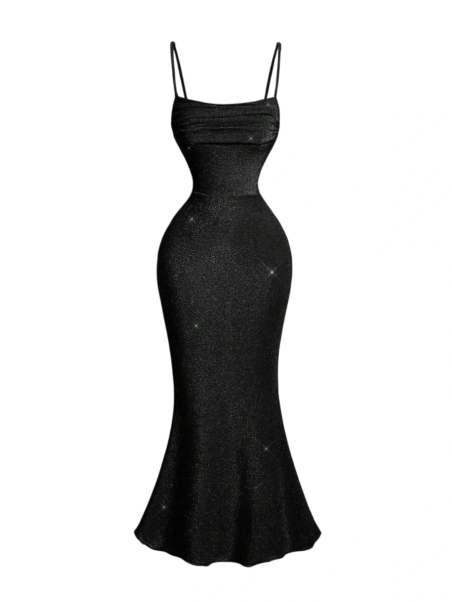 Black sparkle mermaid dress with spaghetti straps and ruched bodice