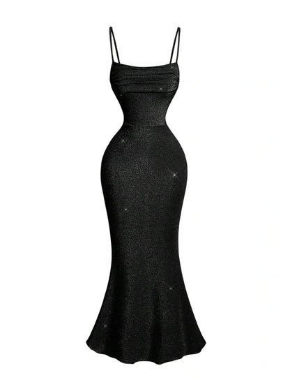 Black sparkle mermaid dress with spaghetti straps and ruched bodice