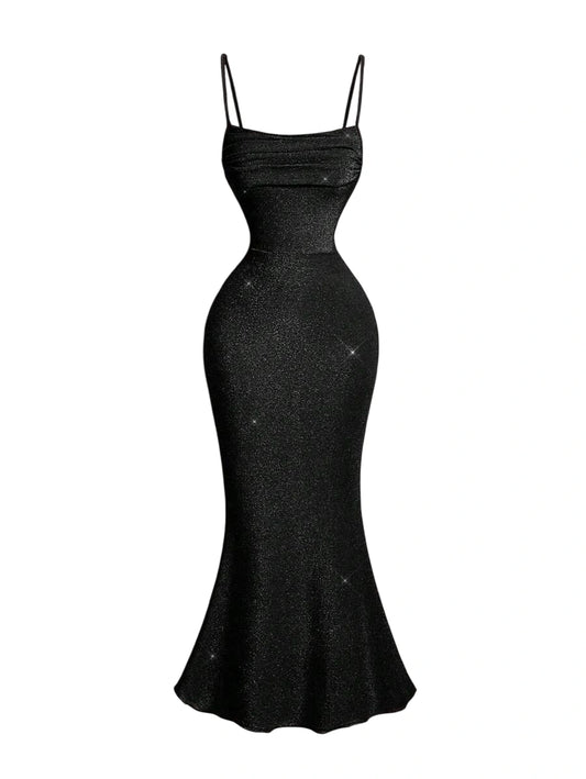 Black sparkle mermaid dress with spaghetti straps and ruched bodice