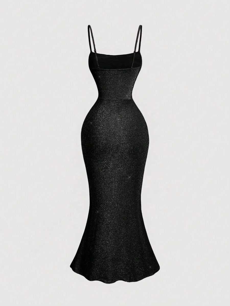 1pc Women Black Pleated Bust Fishtail Hem Long DressFormal DressBeach Women OutfitsParty Women