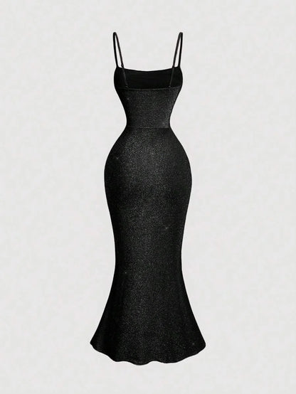 1pc Women Black Pleated Bust Fishtail Hem Long DressFormal DressBeach Women OutfitsParty Women