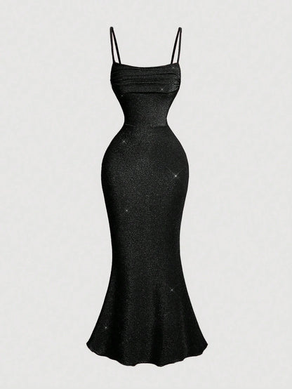 1pc Women Black Pleated Bust Fishtail Hem Long DressFormal DressBeach Women OutfitsParty Women