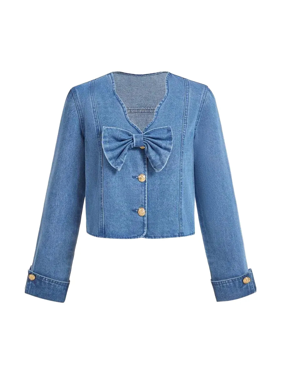 1pc Women Denim Jacket With Bowknot Long Sleeve Blue
