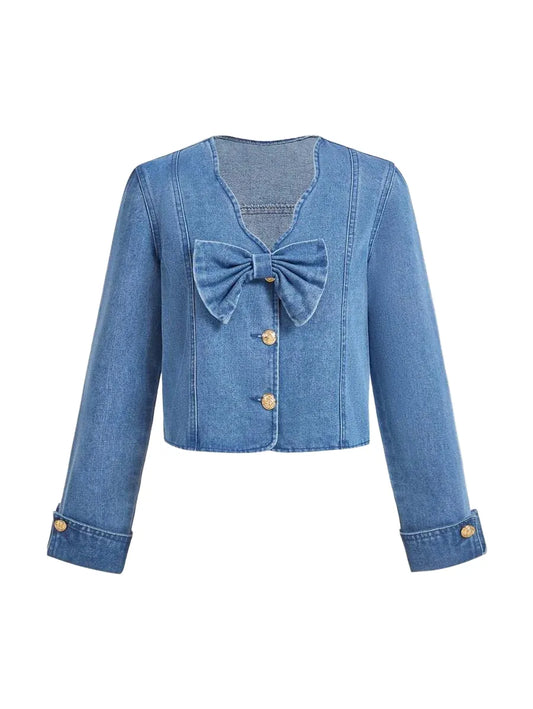 1pc Women Denim Jacket With Bowknot Long Sleeve Blue