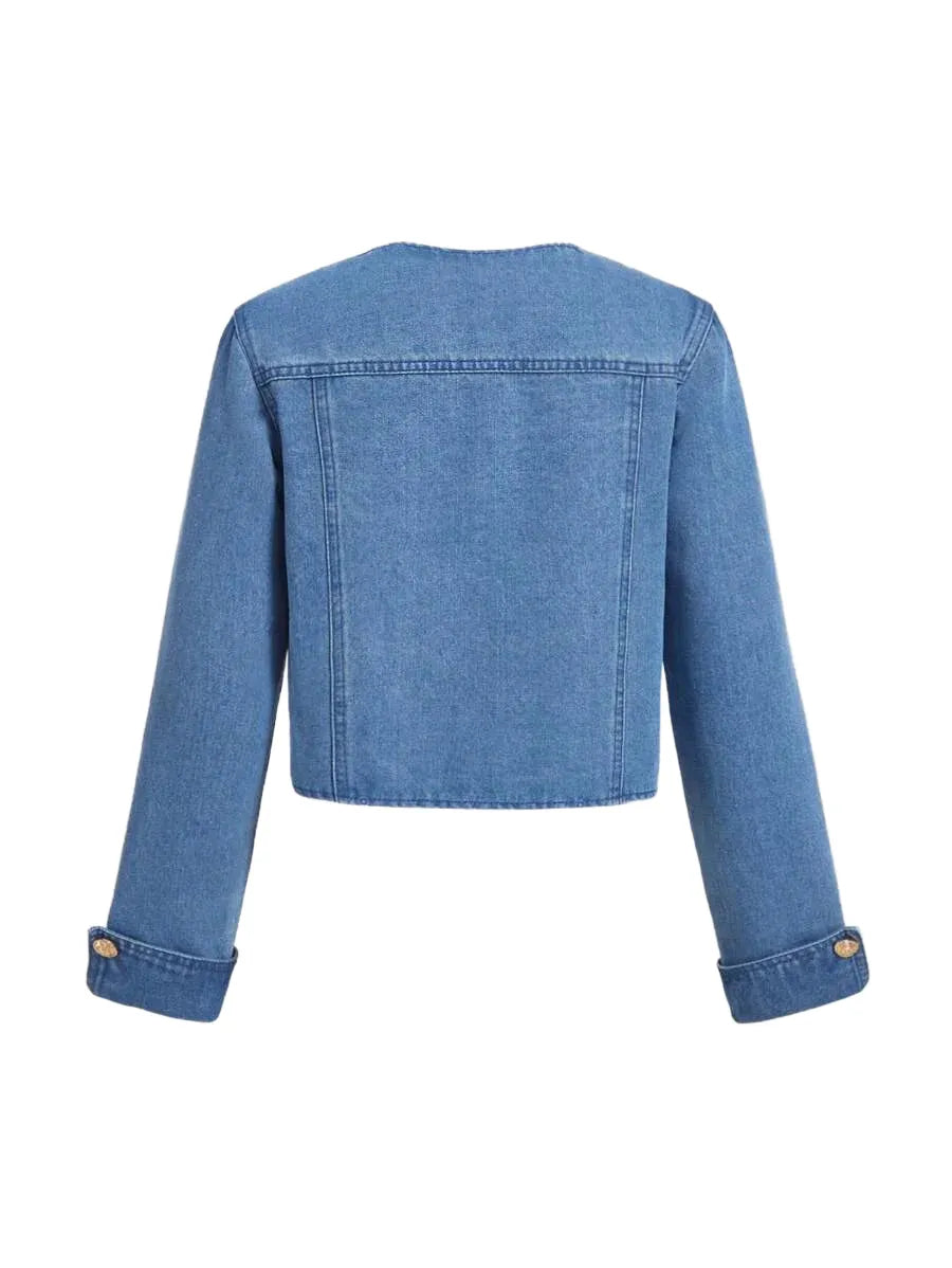 1pc Women Denim Jacket With Bowknot Long Sleeve Blue