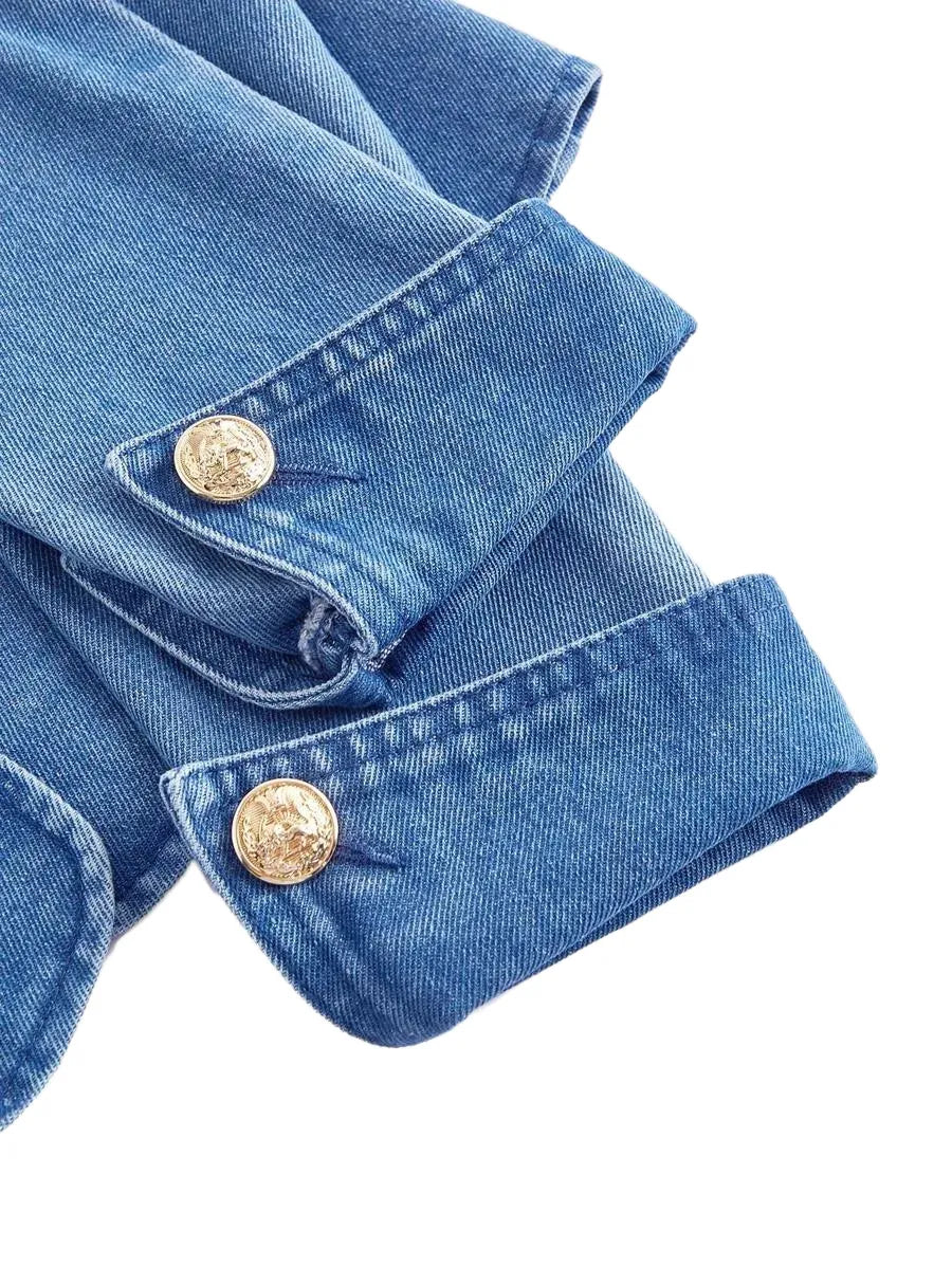 1pc Women Denim Jacket With Bowknot Long Sleeve Blue
