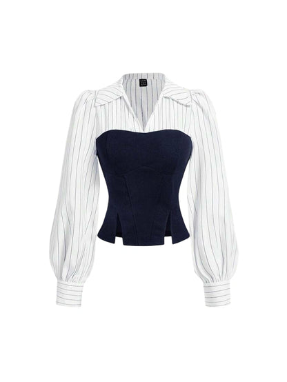 Black and white corset blouse with striped sleeves, puffed shoulders, and a structured corset-style fit