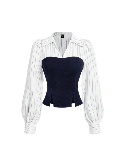 Black and white corset blouse with striped sleeves, puffed shoulders, and a structured corset-style fit