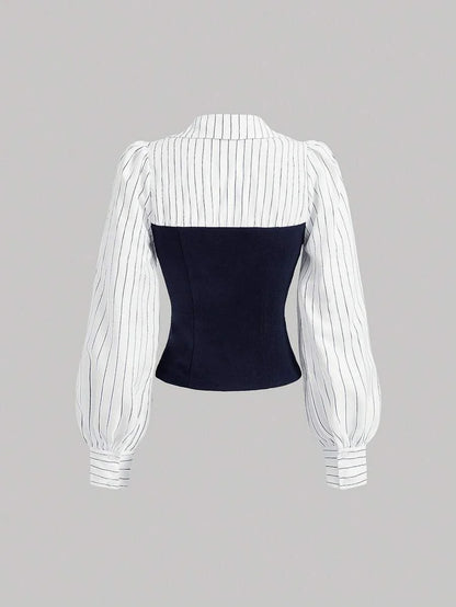 1pc Women Elegant Striped Print Lantern Sleeve 2 In 1 Waist Tie Shirt Spring And Autumn