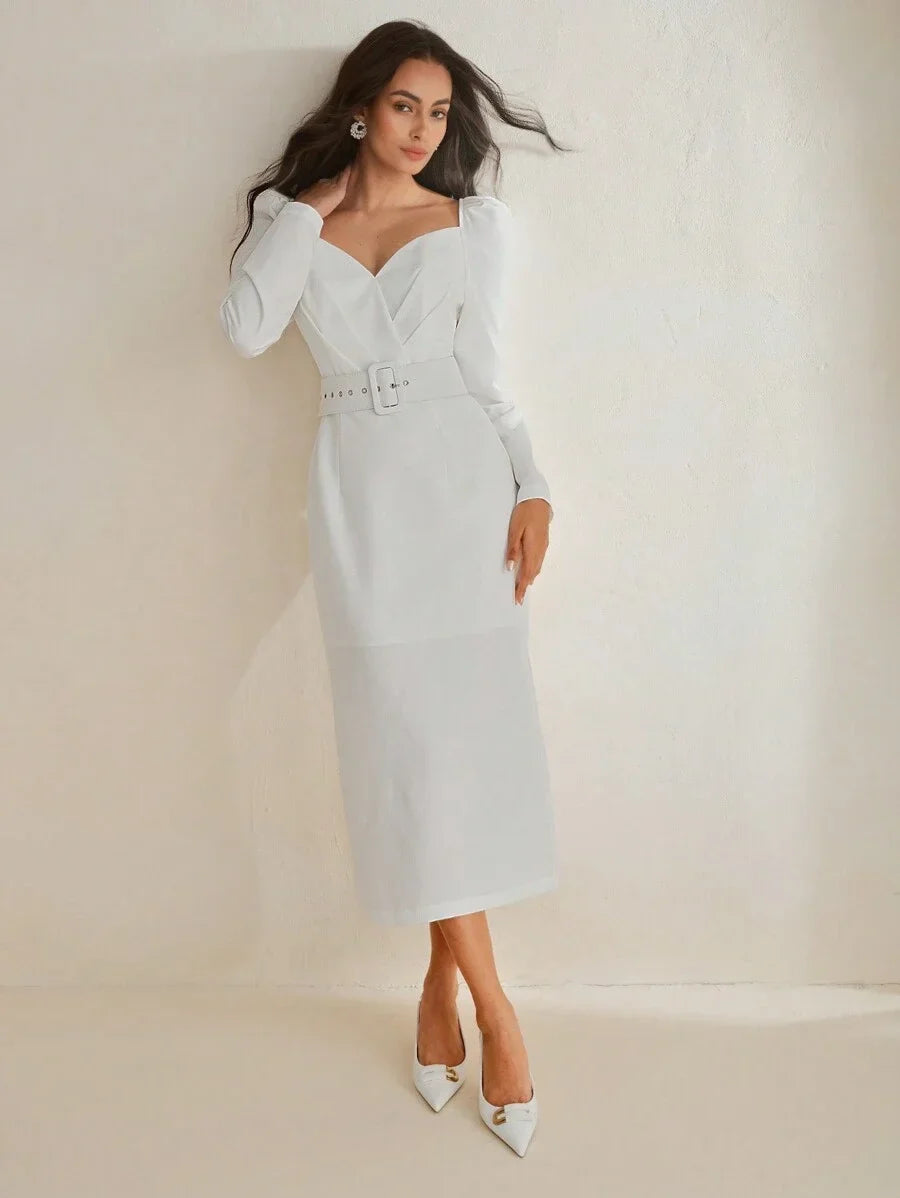 1pc Women Solid Color Straight Double Layer Puff Sleeve Belt Dress