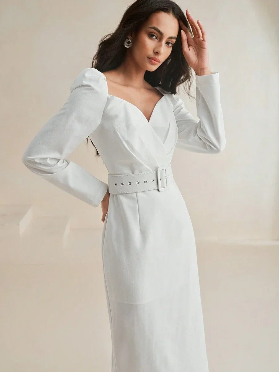 1pc Women Solid Color Straight Double Layer Puff Sleeve Belt Dress