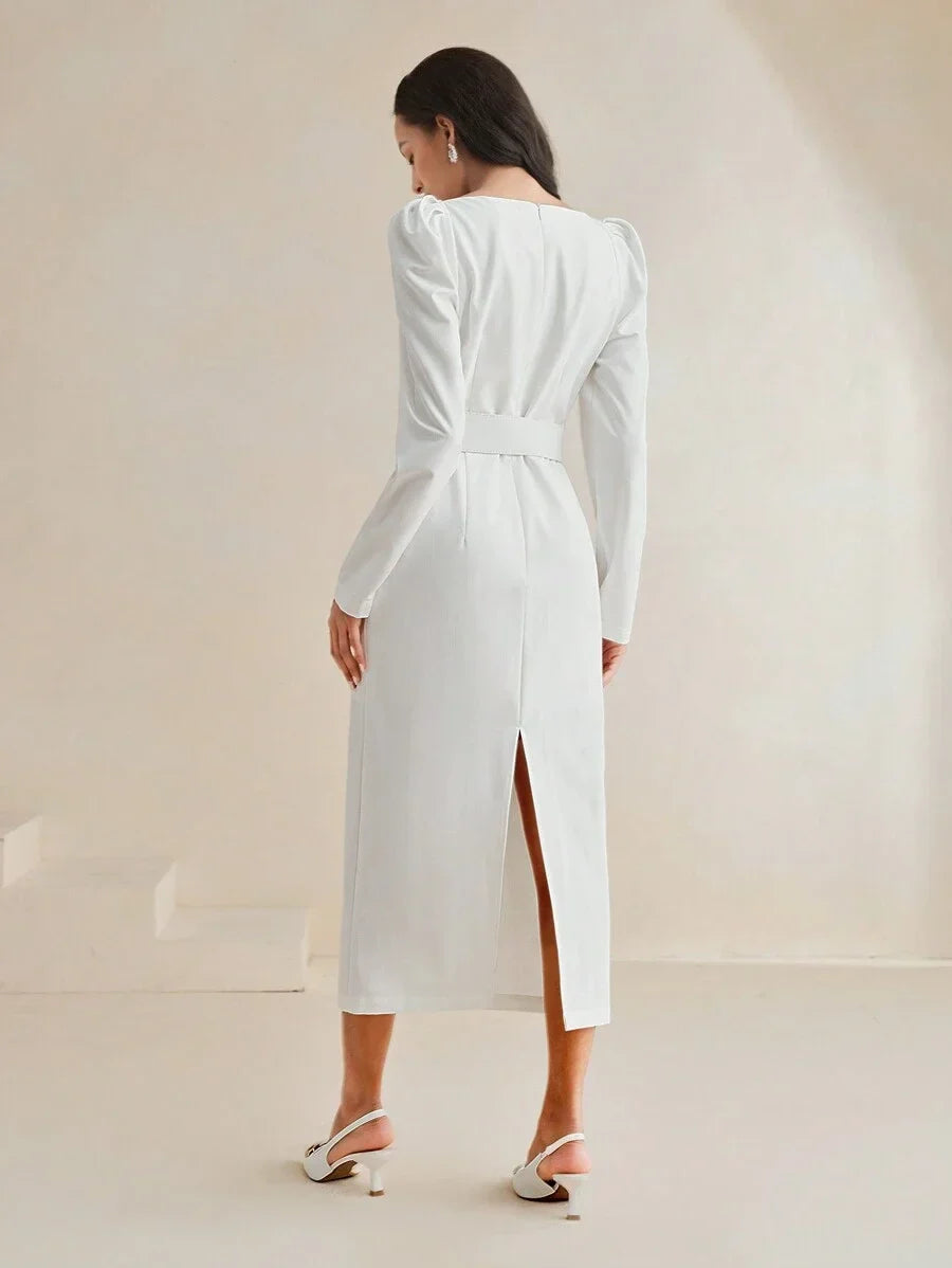 1pc Women Solid Color Straight Double Layer Puff Sleeve Belt Dress