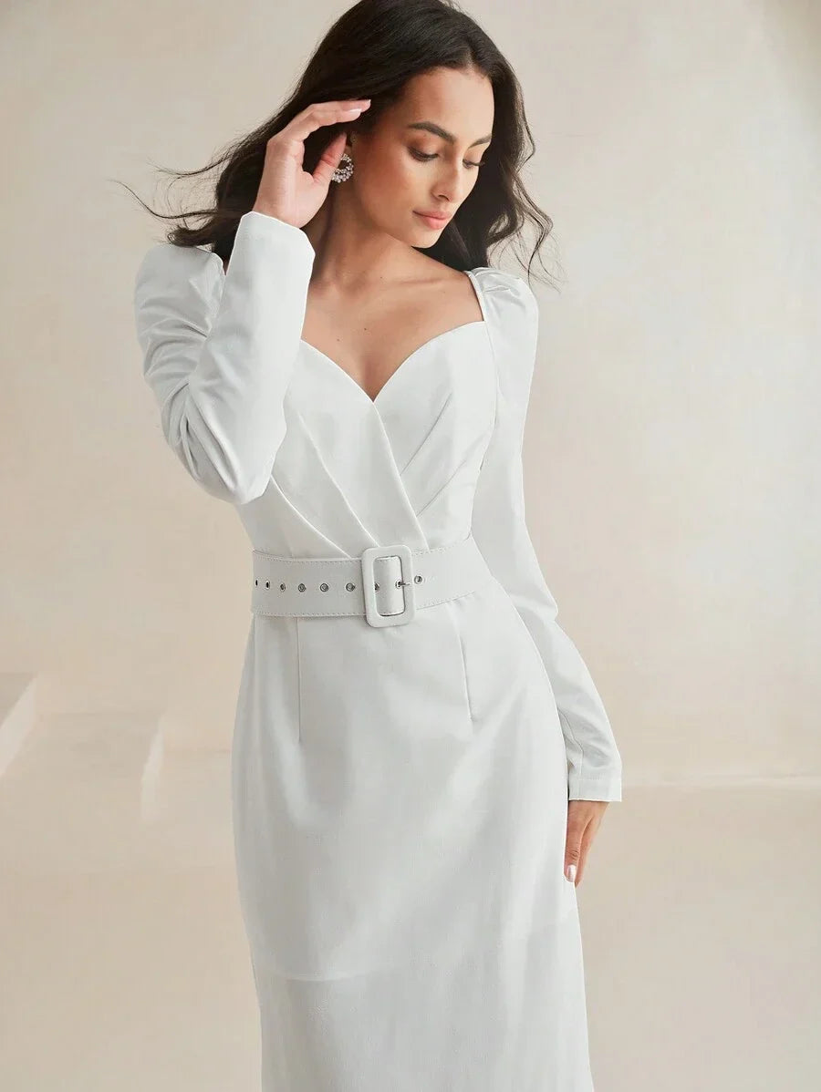 1pc Women Solid Color Straight Double Layer Puff Sleeve Belt Dress