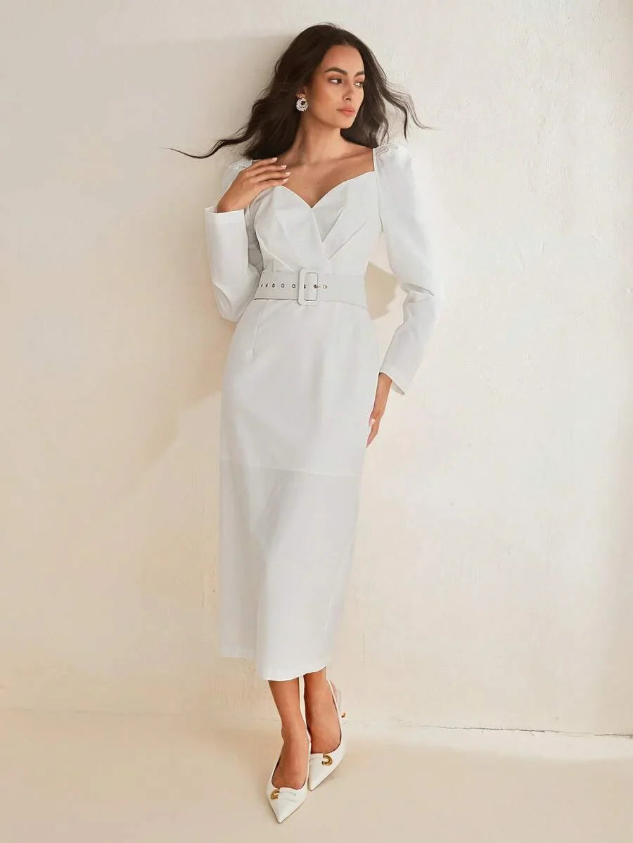 1pc Women Solid Color Straight Double Layer Puff Sleeve Belt Dress