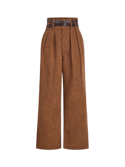 1pc Womens Double Layer Waistband Corduroy Brown Straight Leg Pants Winter Long Trousers