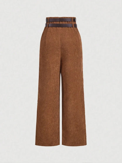 1pc Womens Double Layer Waistband Corduroy Brown Straight Leg Pants Winter Long Trousers