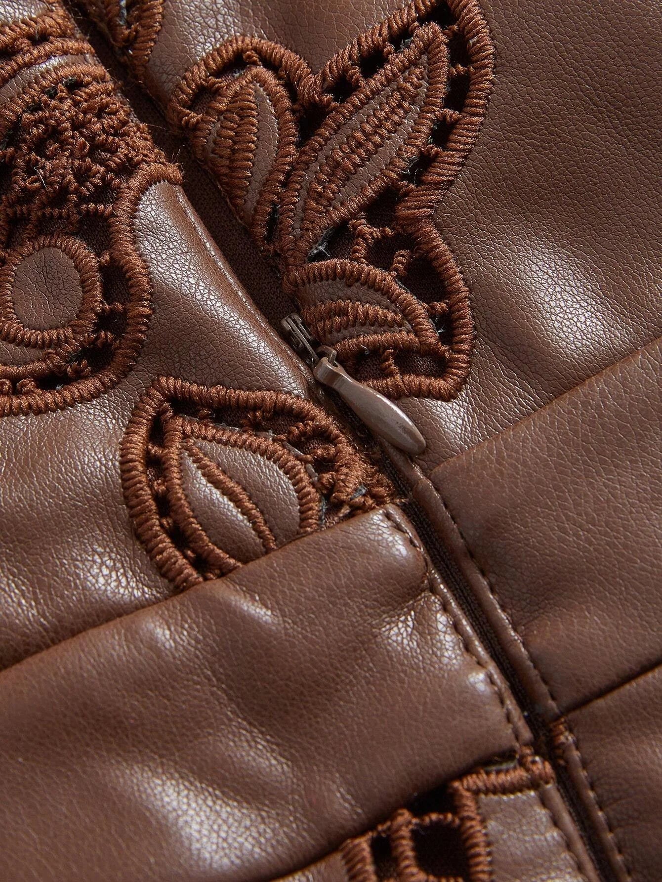 1pc Womens Embroidered Spaghetti Strap Dress Burgundy Maxi PU Leather Women Outfit