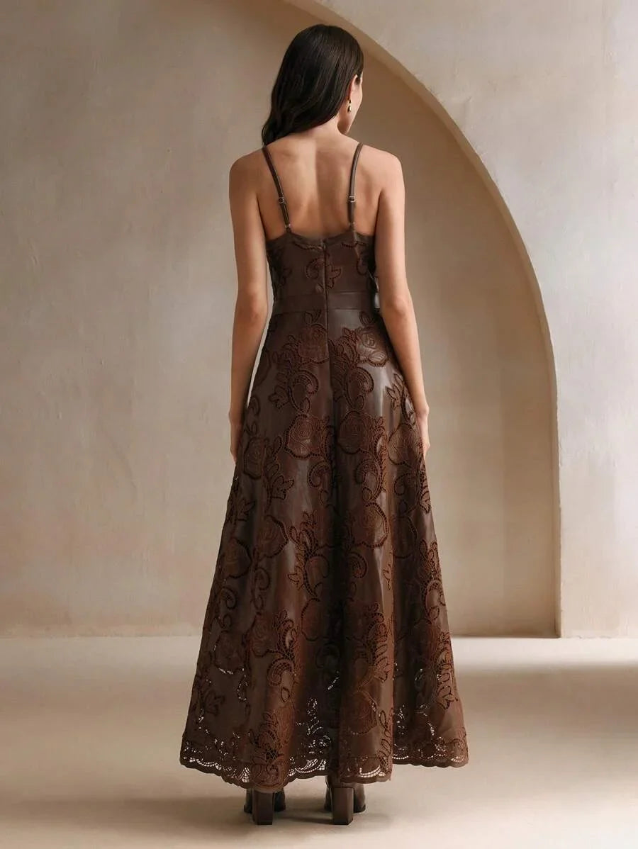 1pc Womens Embroidered Spaghetti Strap Dress Burgundy Maxi PU Leather Women Outfit