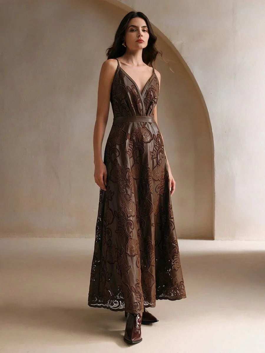 1pc Womens Embroidered Spaghetti Strap Dress Burgundy Maxi PU Leather Women Outfit