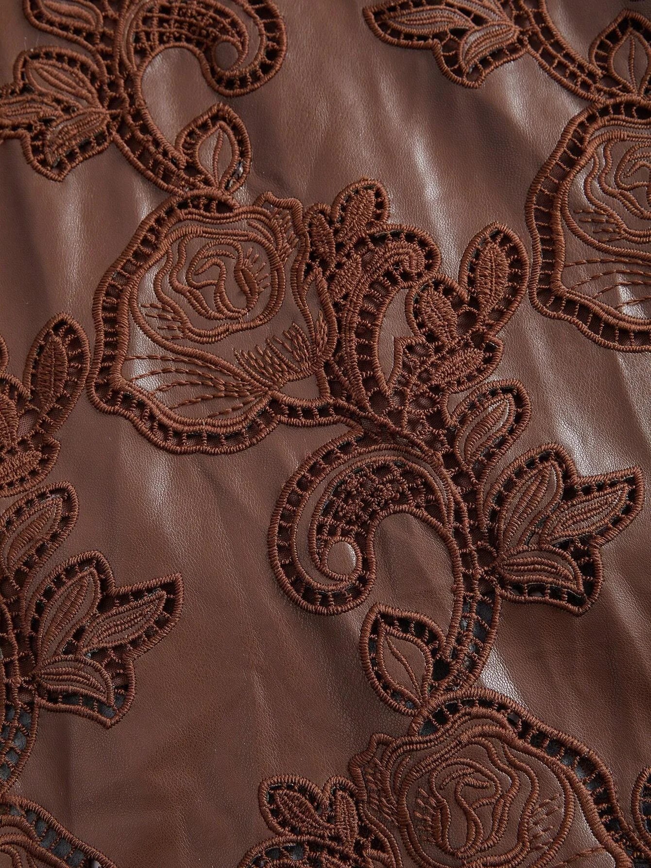 1pc Womens Embroidered Spaghetti Strap Dress Burgundy Maxi PU Leather Women Outfit