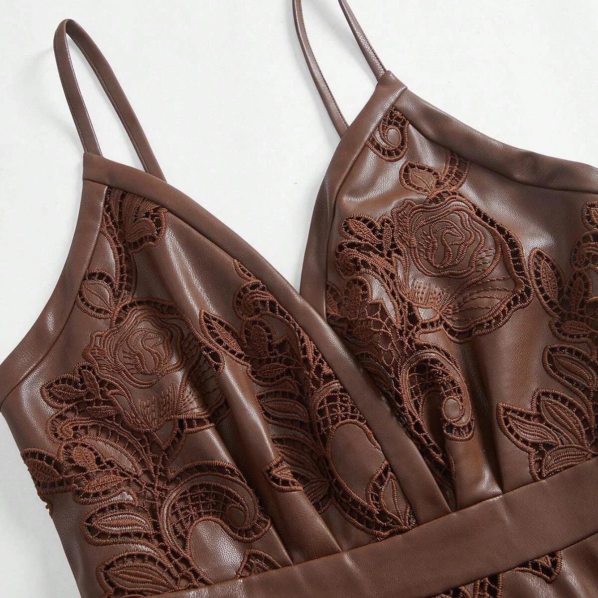 1pc Womens Embroidered Spaghetti Strap Dress Burgundy Maxi PU Leather Women Outfit