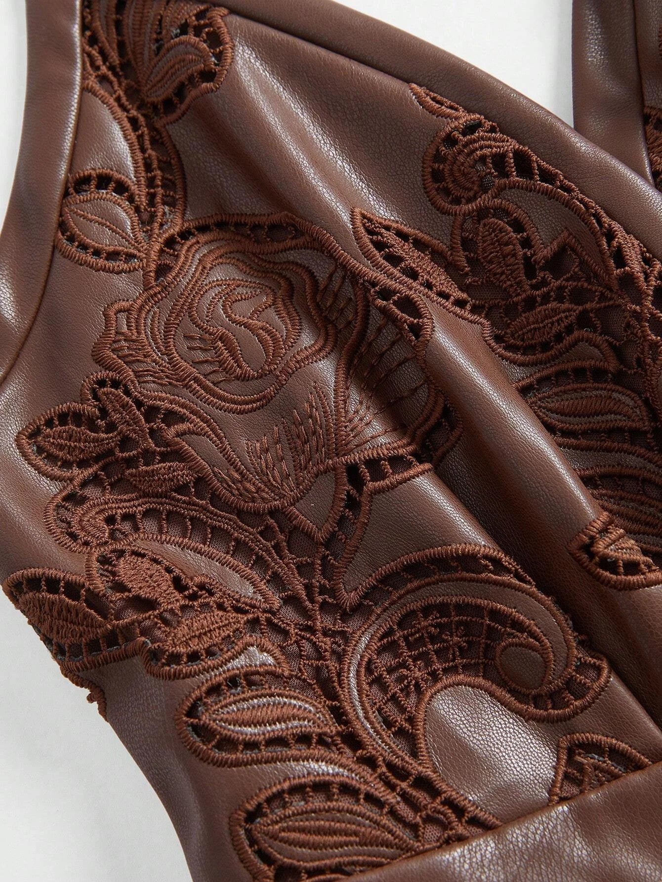 1pc Womens Embroidered Spaghetti Strap Dress Burgundy Maxi PU Leather Women Outfit