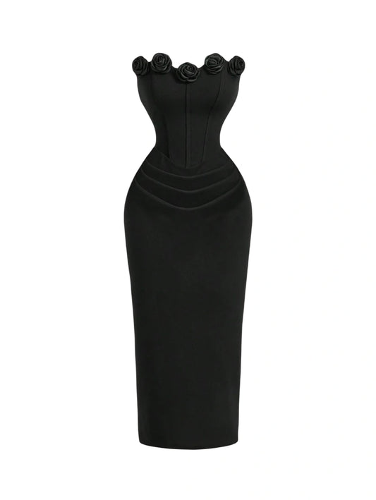1pc Womens MidLength Ruched Bodycon Dress With 3D Floral Design Red