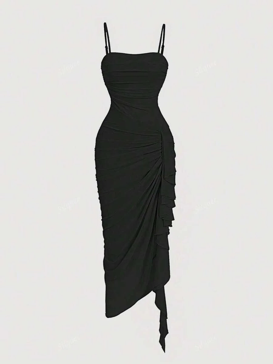 1pc Womens Solid Color Ruched Asymmetric Hem Dress Black Spaghetti Strap Midi DressTea Party