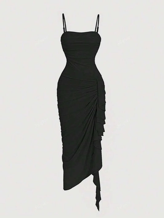 1pc Womens Solid Color Ruched Asymmetric Hem Dress Black Spaghetti Strap Midi DressTea Party