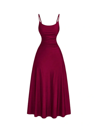 Burgundy backless maxi dress with ruched bodice and spaghetti straps