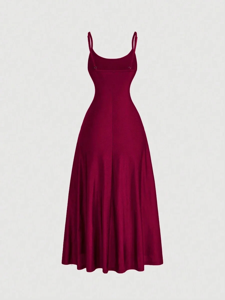 1pc Womens Solid Color Ruched Waist ALine Sling Long Dress