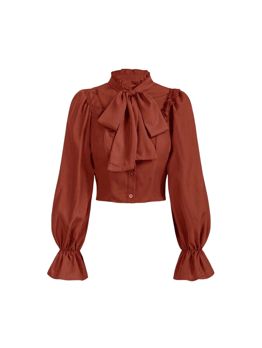 1pc Womens Solid Color Stand Collar Tie Waist Lace Ruffle Flared Sleeve Blouse Autumn