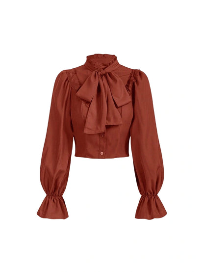 1pc Womens Solid Color Stand Collar Tie Waist Lace Ruffle Flared Sleeve Blouse Autumn