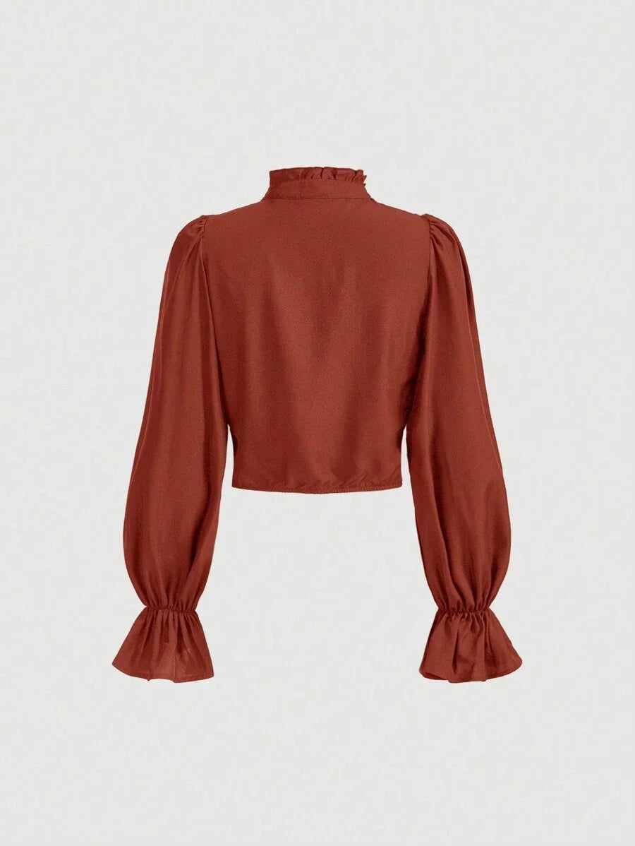 1pc Womens Solid Color Stand Collar Tie Waist Lace Ruffle Flared Sleeve Blouse Autumn