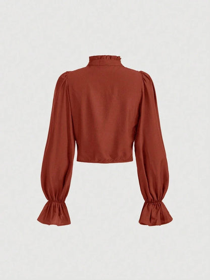 1pc Womens Solid Color Stand Collar Tie Waist Lace Ruffle Flared Sleeve Blouse Autumn