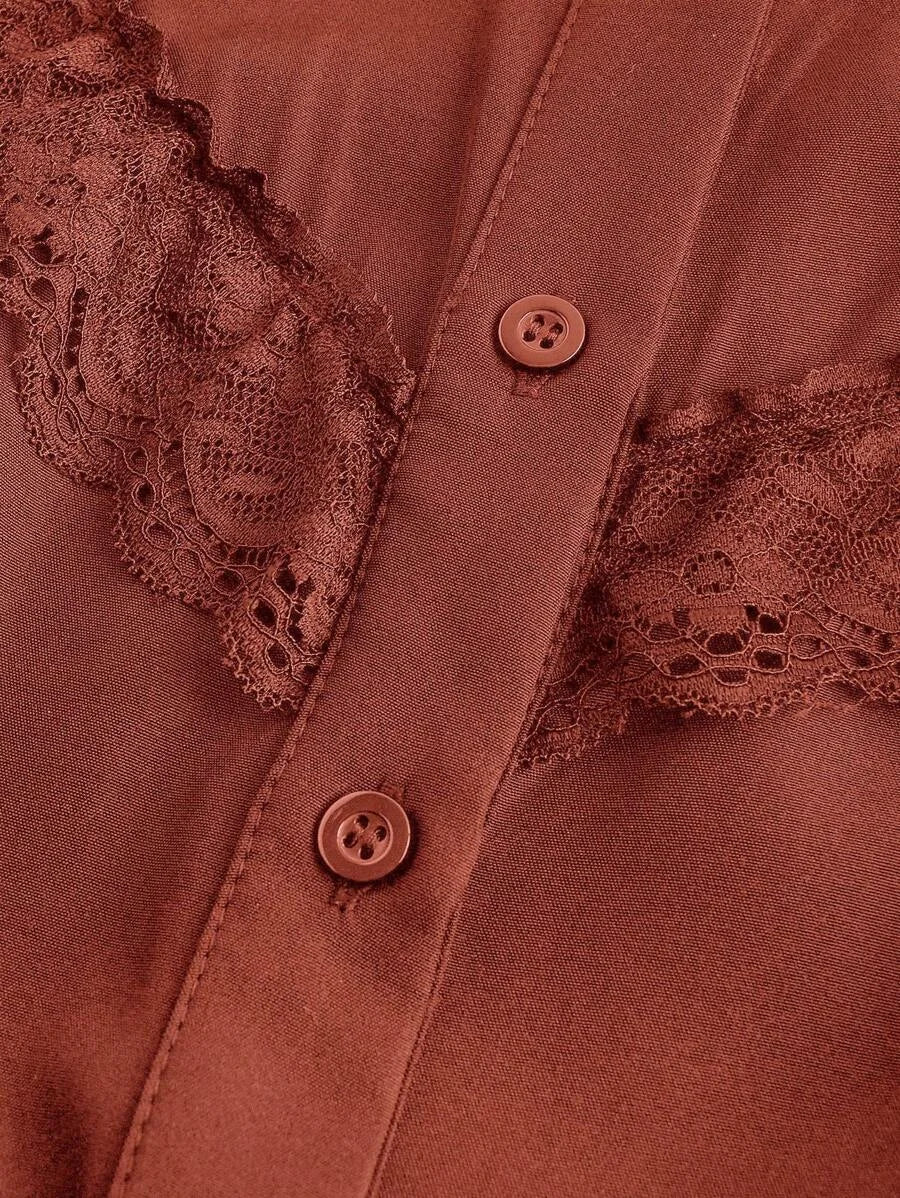 1pc Womens Solid Color Stand Collar Tie Waist Lace Ruffle Flared Sleeve Blouse Autumn