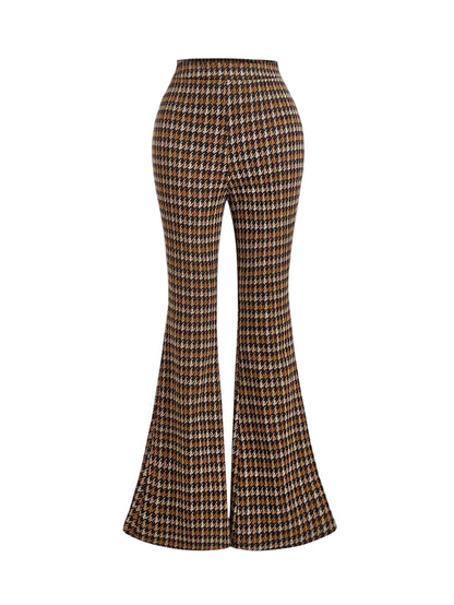 1pc Womens Vintage Brown Houndstooth Flared Pants Music Festival Outfit Fall Women Clothes Women