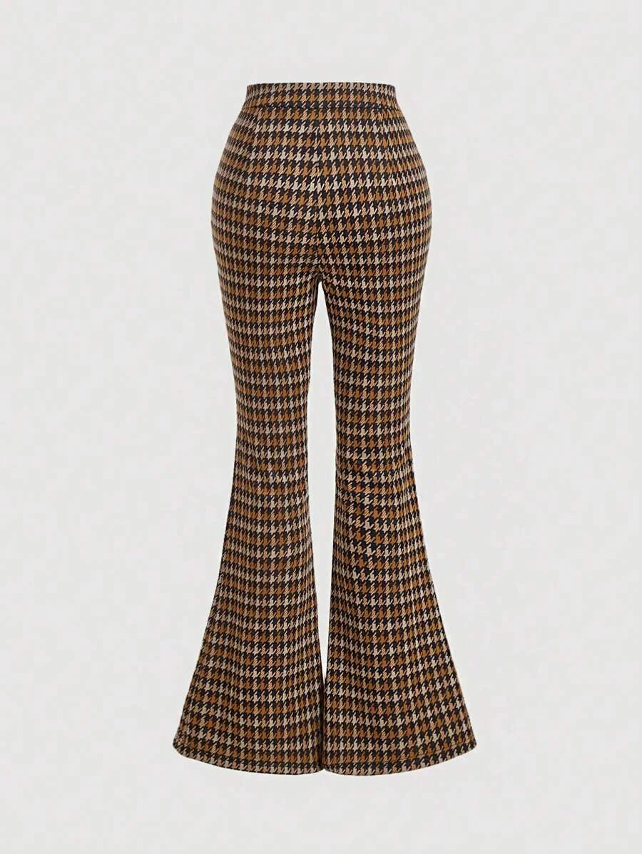 1pc Womens Vintage Brown Houndstooth Flared Pants Music Festival Outfit Fall Women Clothes Women