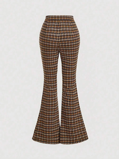 1pc Womens Vintage Brown Houndstooth Flared Pants Music Festival Outfit Fall Women Clothes Women