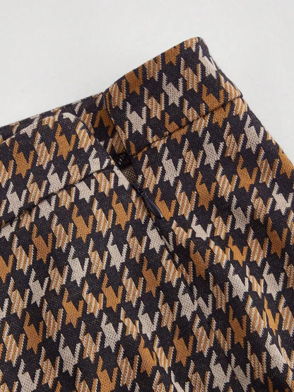 1pc Womens Vintage Brown Houndstooth Flared Pants Music Festival Outfit Fall Women Clothes Women