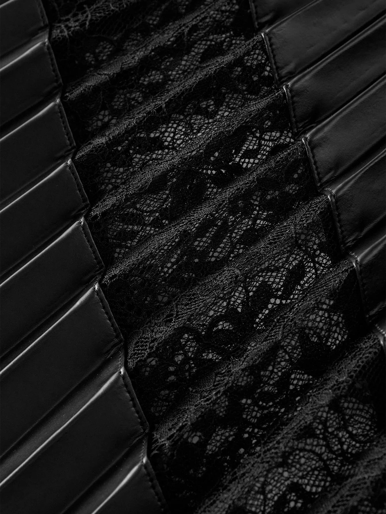 2 IN 1 PU LEATHER CONTRAST LACE WAIST FLARED HEM DRESS AUTUMNWINTER