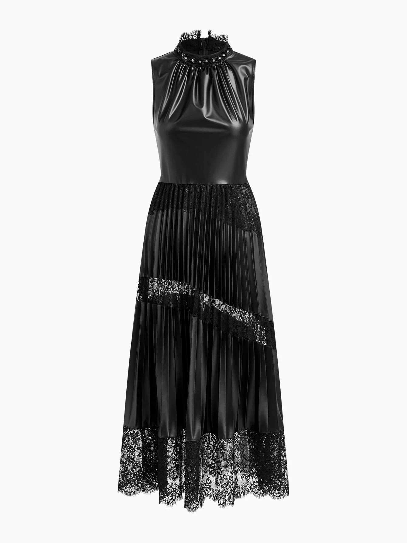 2 IN 1 PU LEATHER CONTRAST LACE WAIST FLARED HEM DRESS AUTUMNWINTER