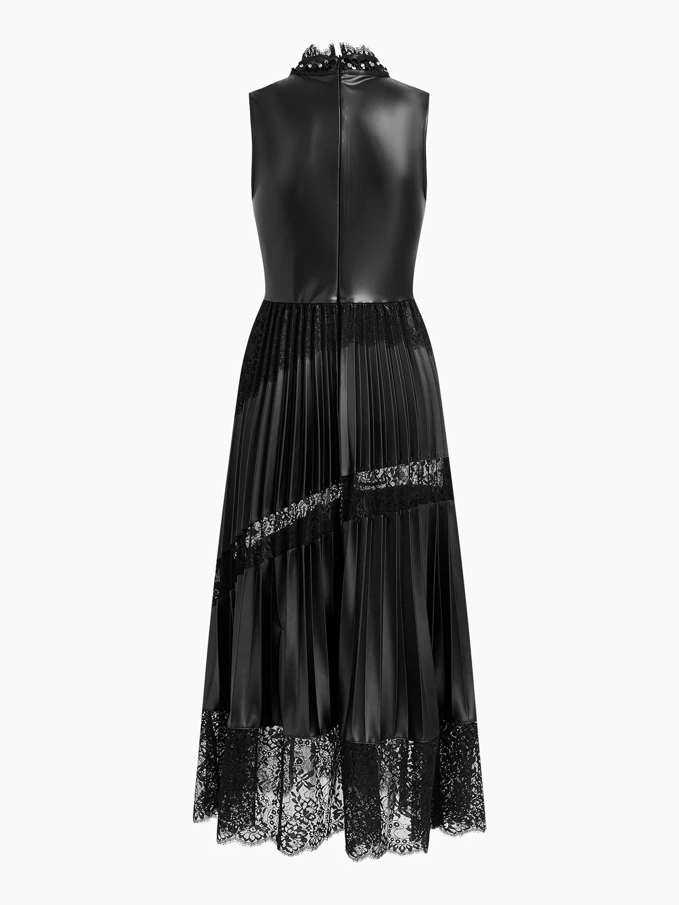 2 IN 1 PU LEATHER CONTRAST LACE WAIST FLARED HEM DRESS AUTUMNWINTER