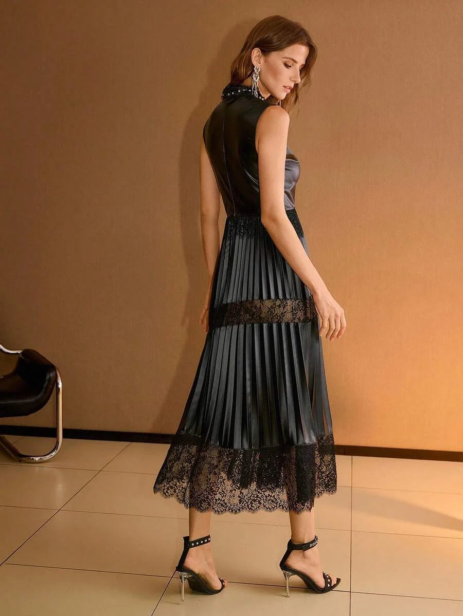 2 IN 1 PU LEATHER CONTRAST LACE WAIST FLARED HEM DRESS AUTUMNWINTER