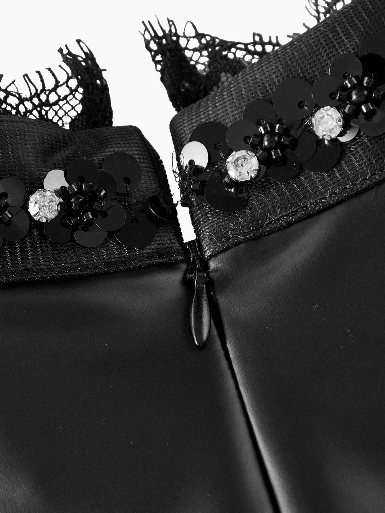 2 IN 1 PU LEATHER CONTRAST LACE WAIST FLARED HEM DRESS AUTUMNWINTER