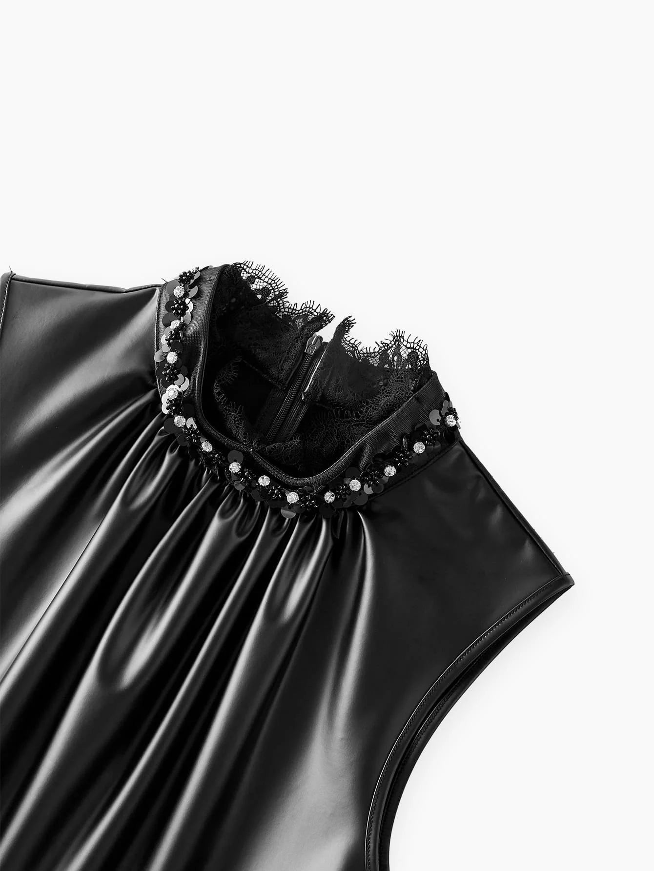 2 IN 1 PU LEATHER CONTRAST LACE WAIST FLARED HEM DRESS AUTUMNWINTER