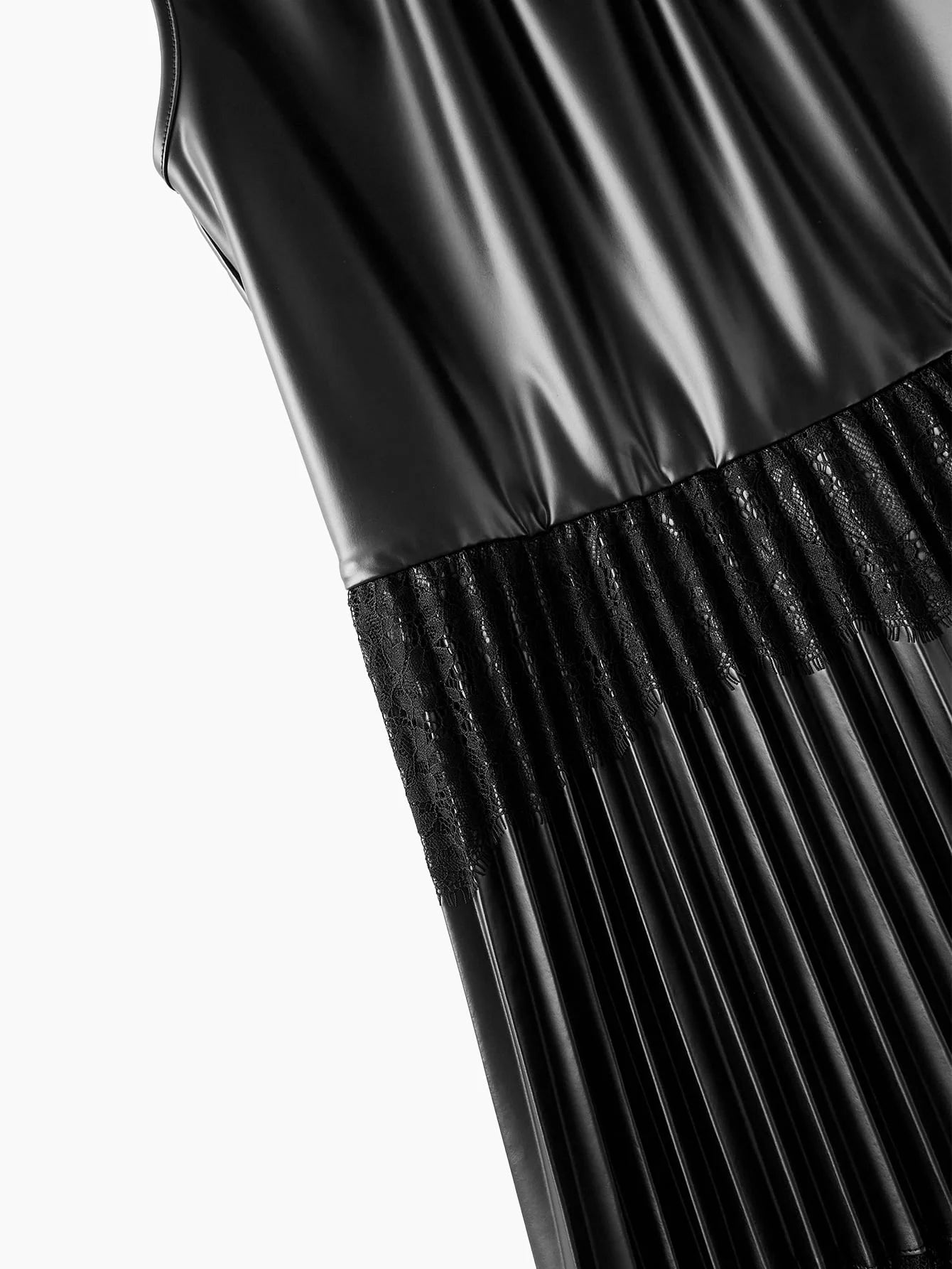 2 IN 1 PU LEATHER CONTRAST LACE WAIST FLARED HEM DRESS AUTUMNWINTER